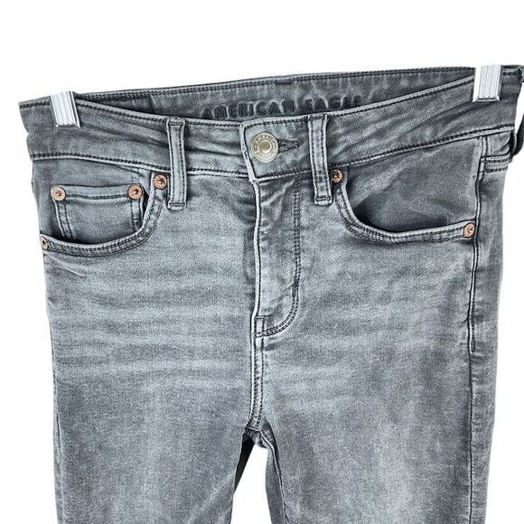 American Eagle Soft Grey Denim Hi-Rise Jegging 2 Stretch Distressed Grunge Goth - Picture 3 of 9